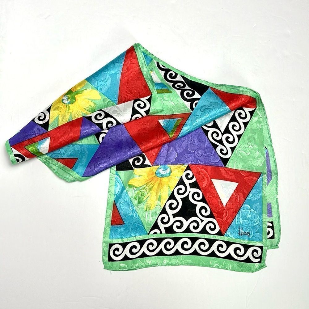 HONEY Silk Rectangle Scarf Colorful Geometric Pattern - Picture 3 of 7